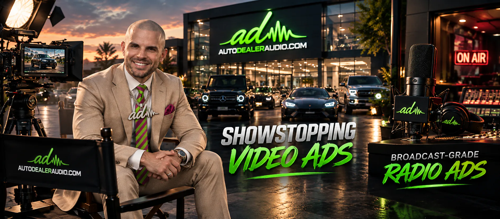 AutoDealerAudio video and radio production at a dealership, featuring showstopping video ads and broadcast-grade radio ads