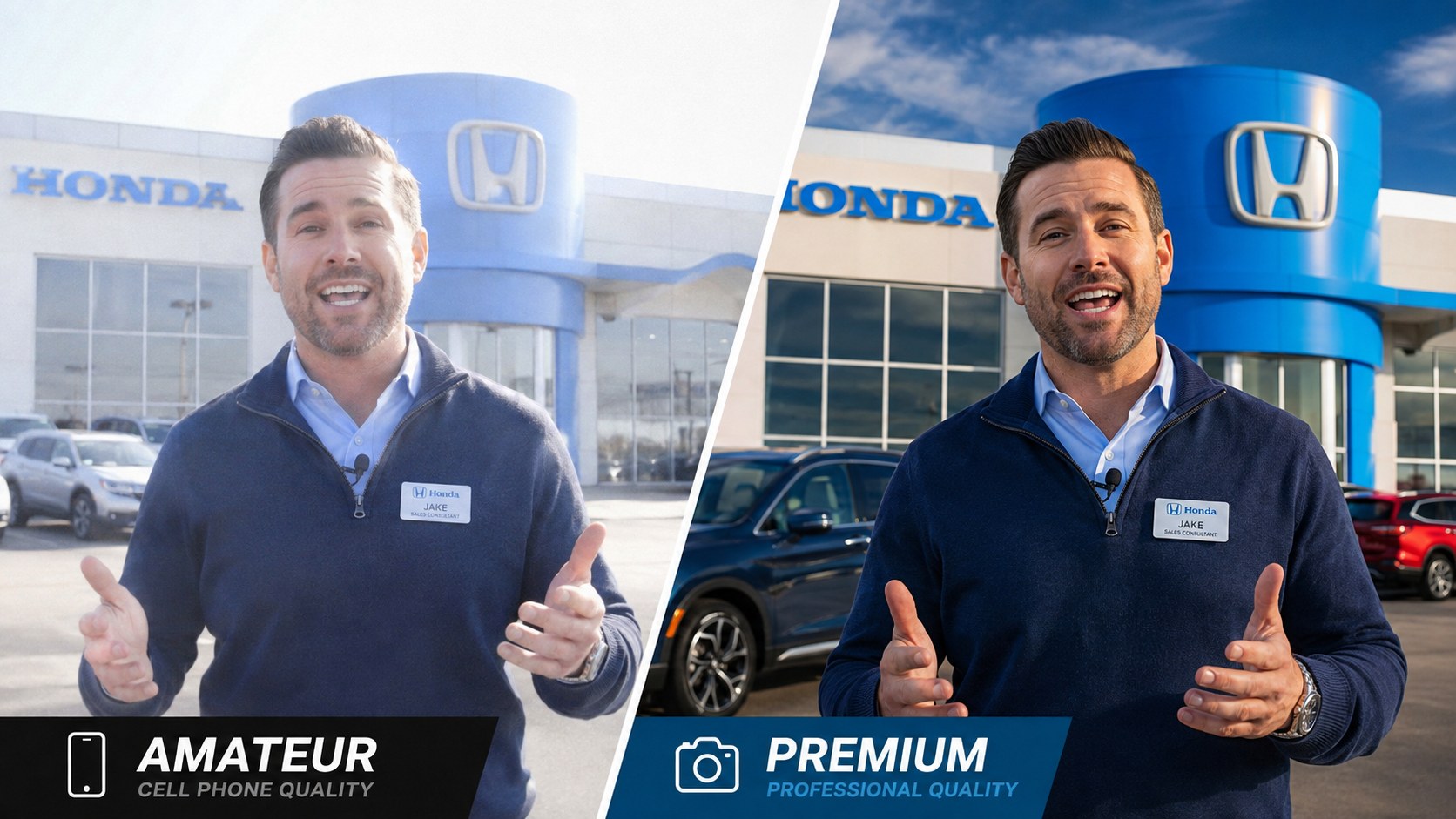 Before and after: plain dealership content on the left transformed into polished professional advertising on the right