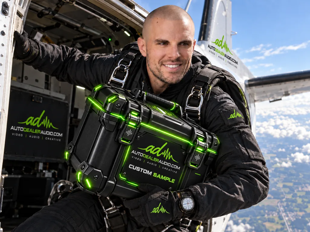 An AutoDealerAudio skydiver delivering a custom sample case from a plane