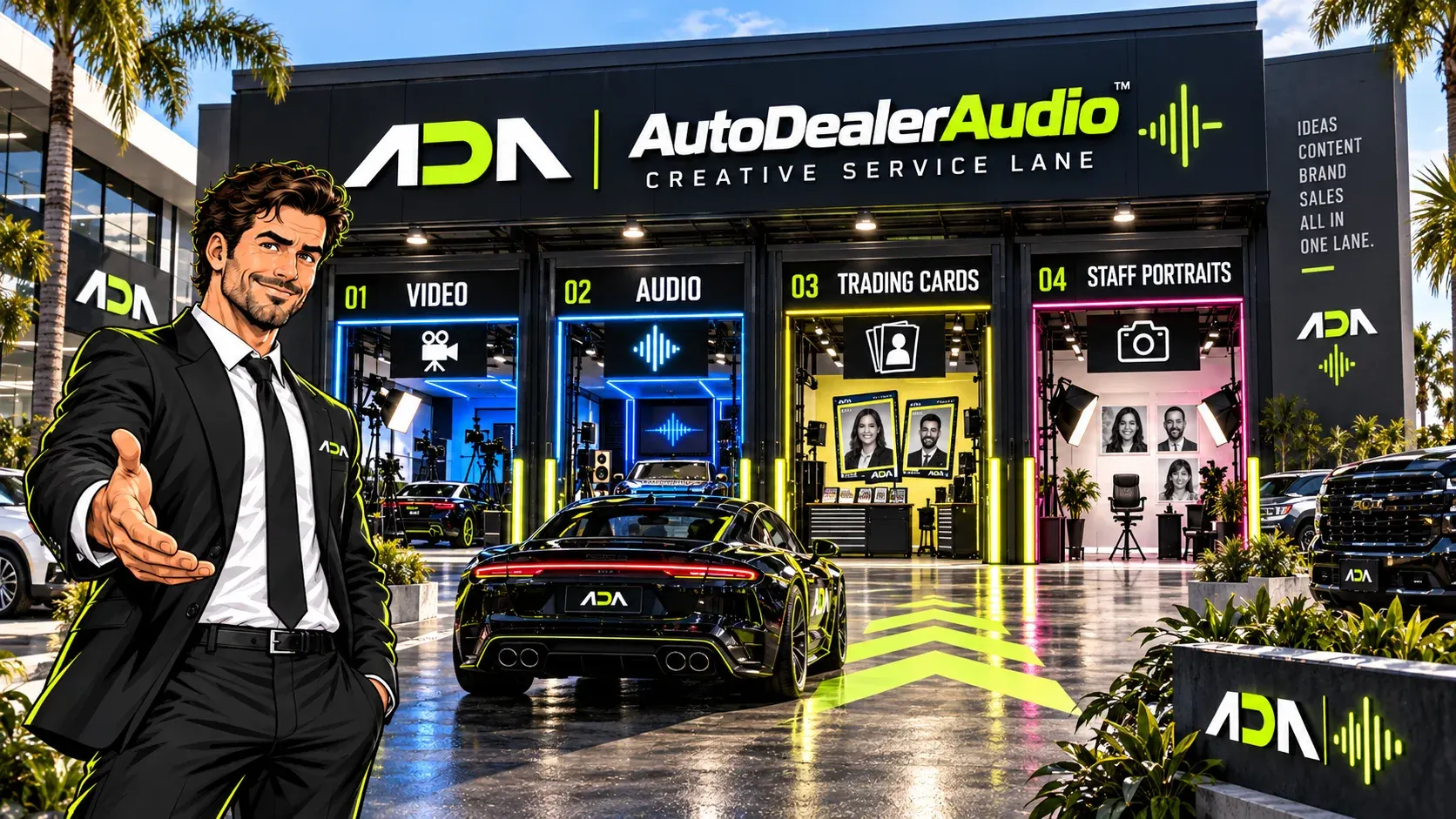 Creative Service Lane with Video, Audio, Trading Cards and Staff Portraits bays