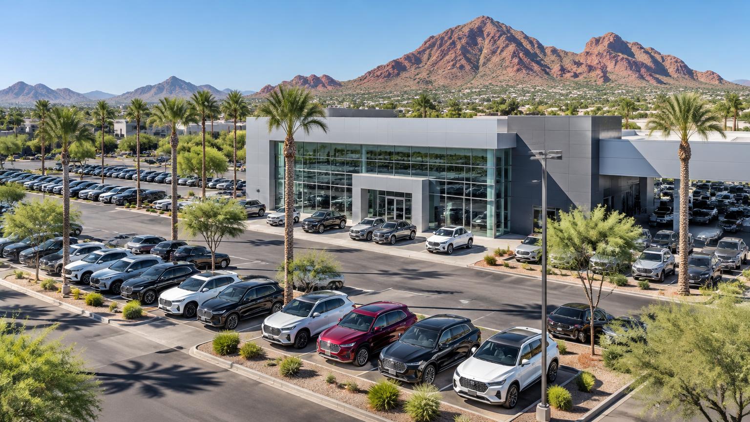 Aerial view of a Phoenix area car dealership lot in bright daylight with desert mountains behind