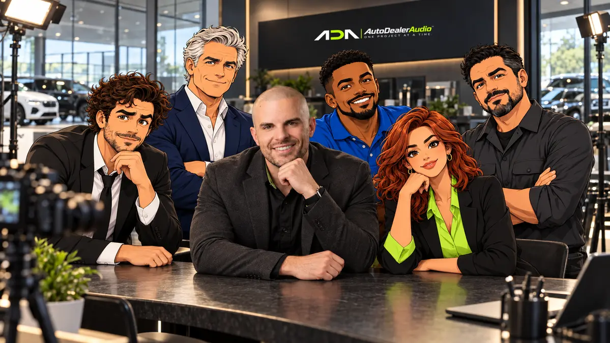 Jonathan Rambo with the AutoDealerAudio manager characters in a dealership content studio