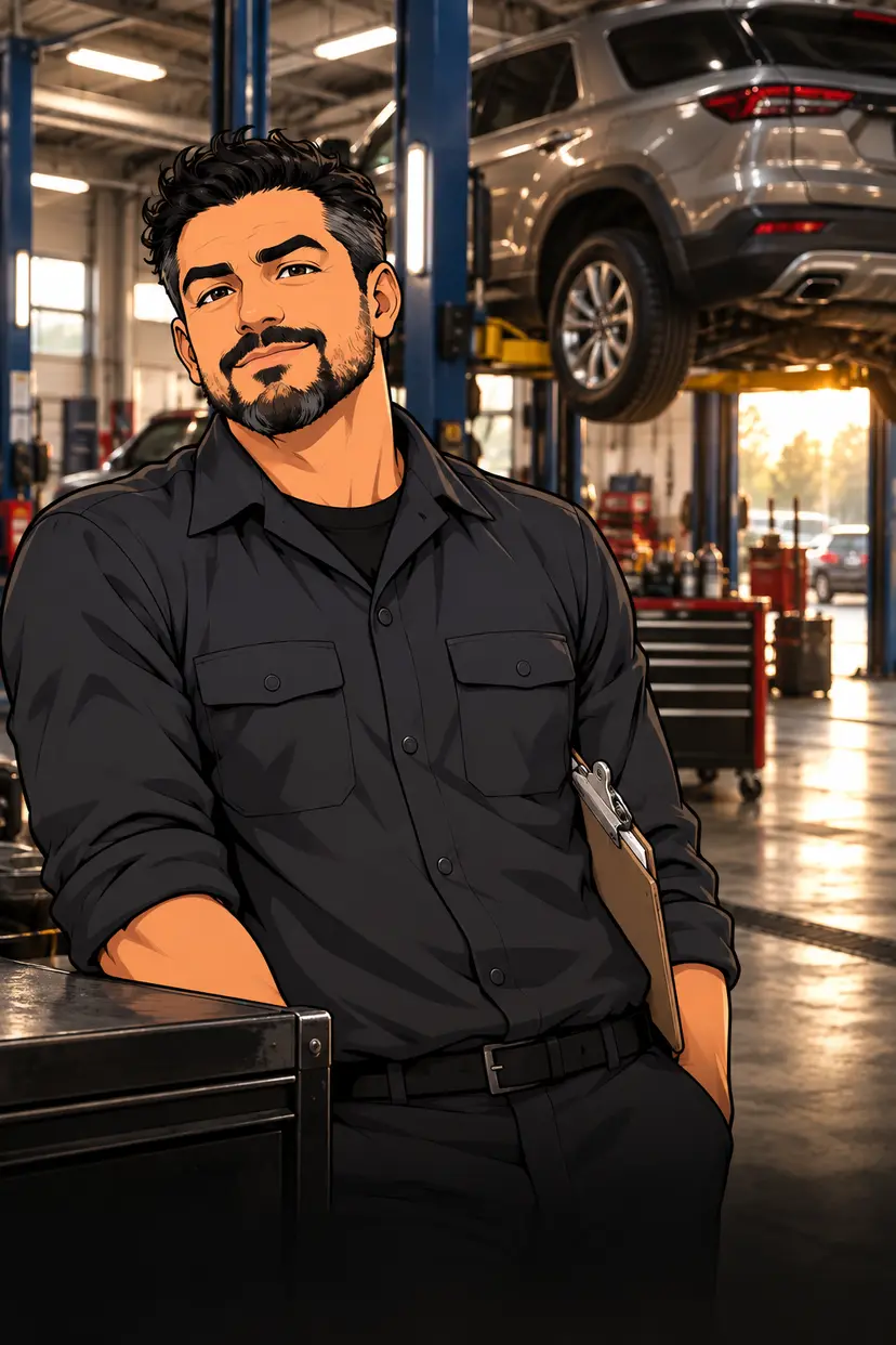 The service manager preparing a weekend dealership campaign in a dark service bay