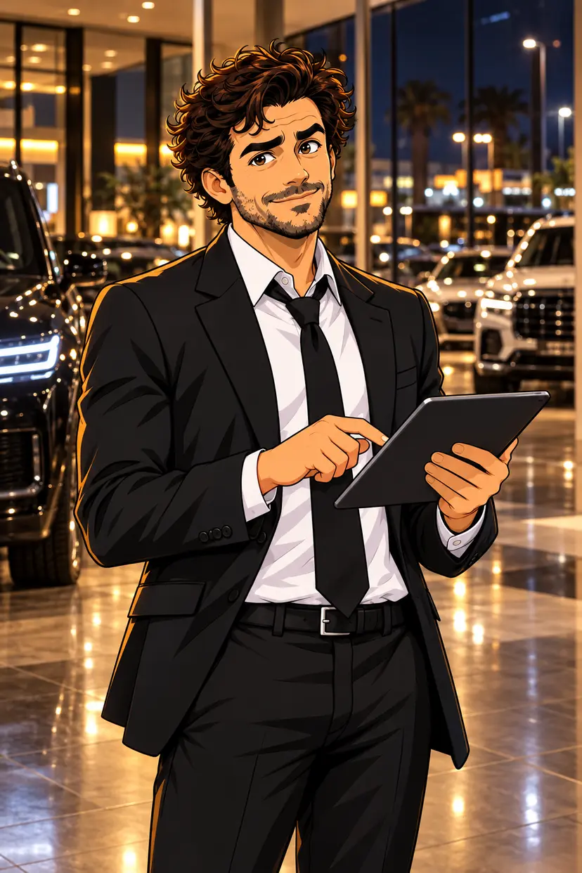 The GM reviewing a production brief in a dark dealership showroom