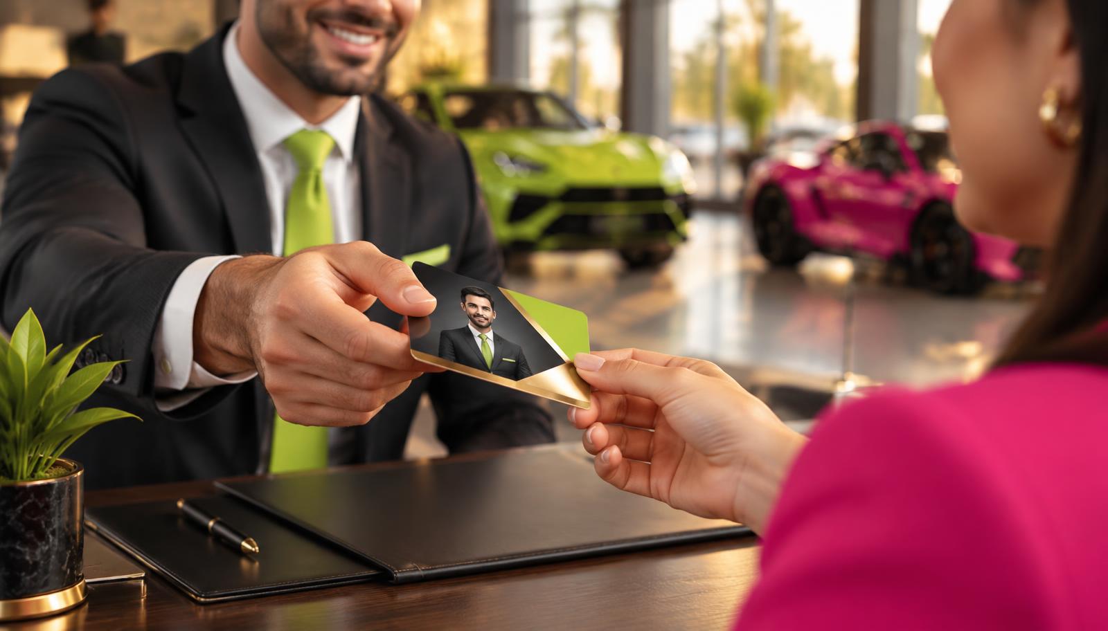 Unique salesperson business cards designed as collectible trading cards for car dealerships