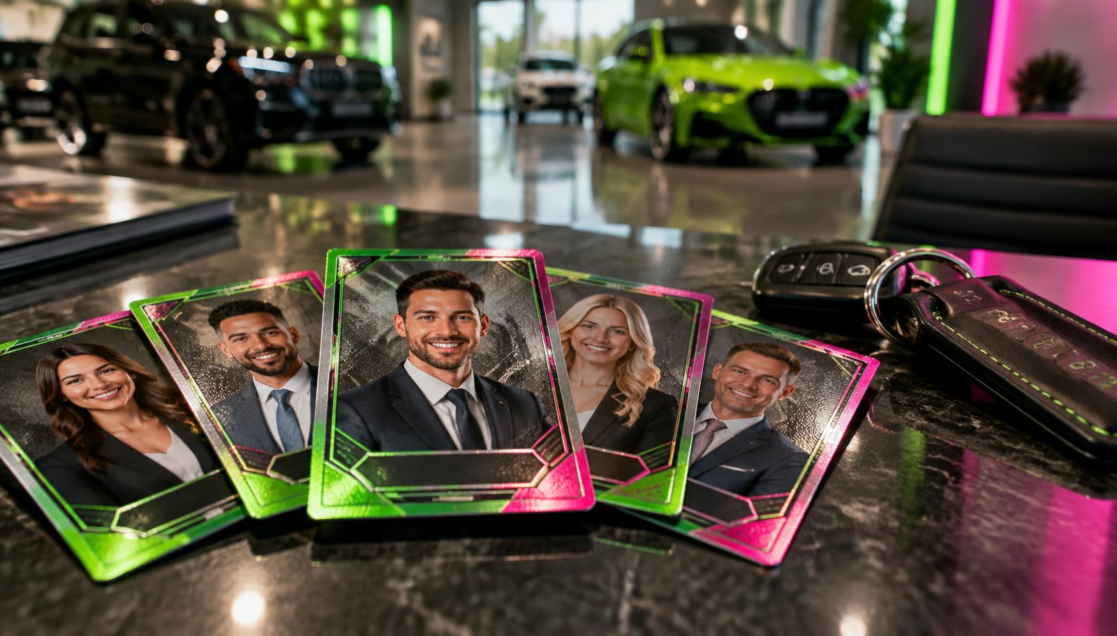 Custom salesperson trading cards designed for a car dealership team
