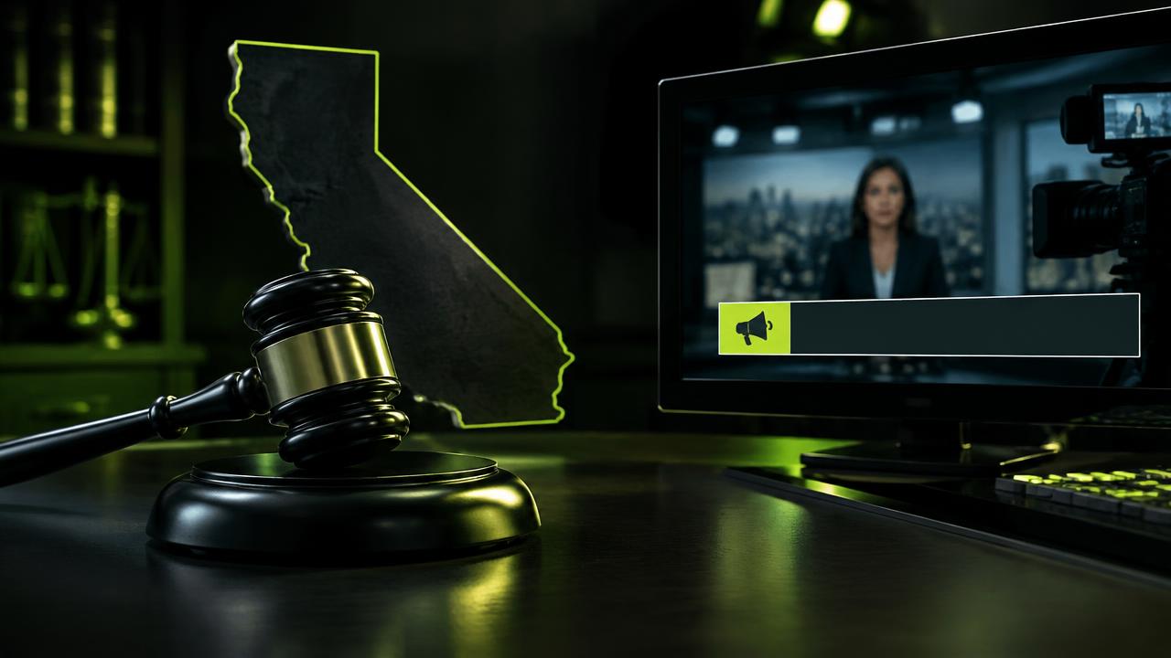 Gavel and broadcast monitor representing California's SB 1050 AI advertising disclosure law