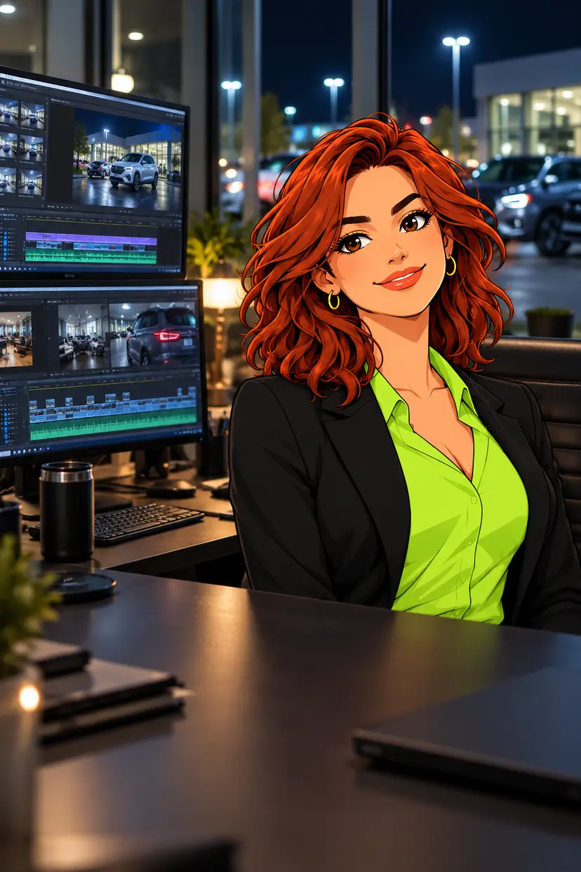 The marketing manager building a dealership video in a cinematic editing suite