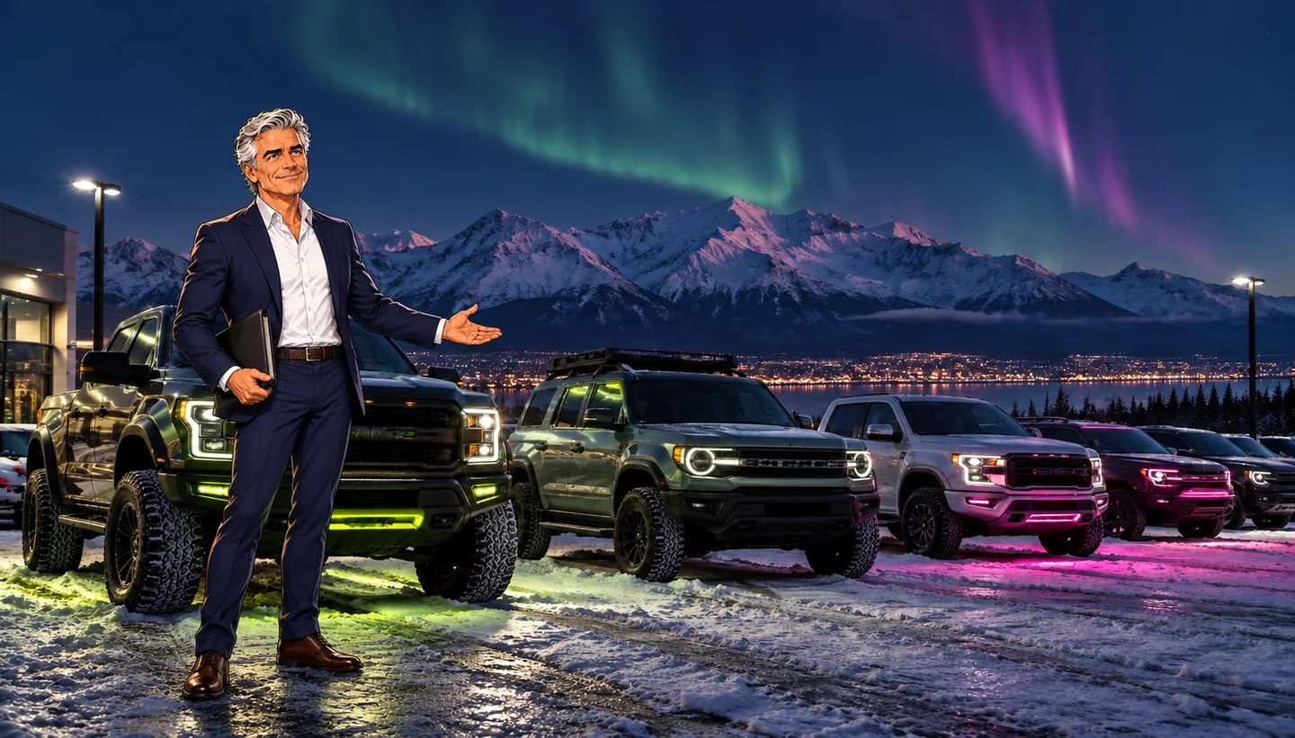 Car dealership lot at dusk with the Anchorage, Alaska skyline — AutoDealerAudio dealership video and radio production for Anchorage car dealers with our anime dealership owner