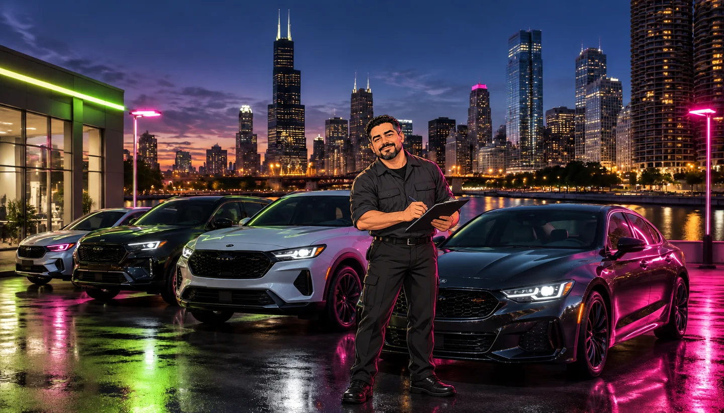 Car dealership lot at dusk with the Chicago, Illinois skyline — AutoDealerAudio dealership video and radio production for Chicago car dealers with our anime service manager