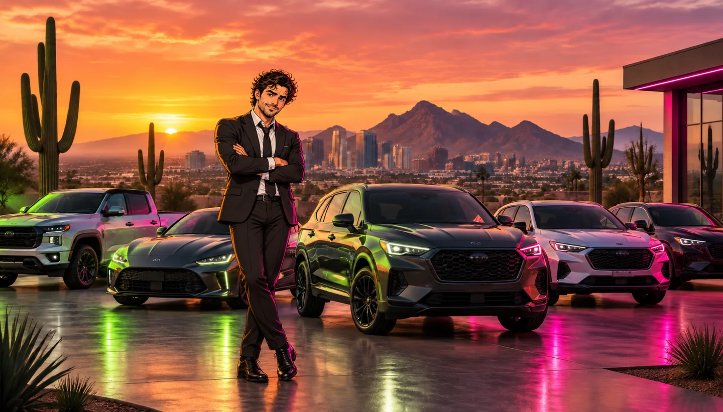 Car dealership lot at dusk with the Phoenix, Arizona skyline — AutoDealerAudio dealership video and radio production for Phoenix car dealers with our anime general manager