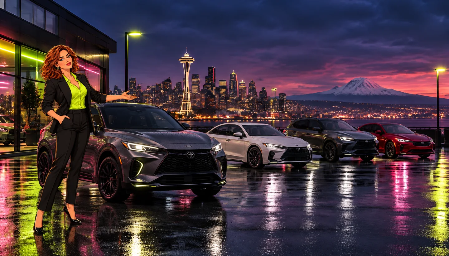 Car dealership lot at dusk with the Seattle, Washington skyline — AutoDealerAudio dealership video and radio production for Seattle car dealers with our anime marketing manager