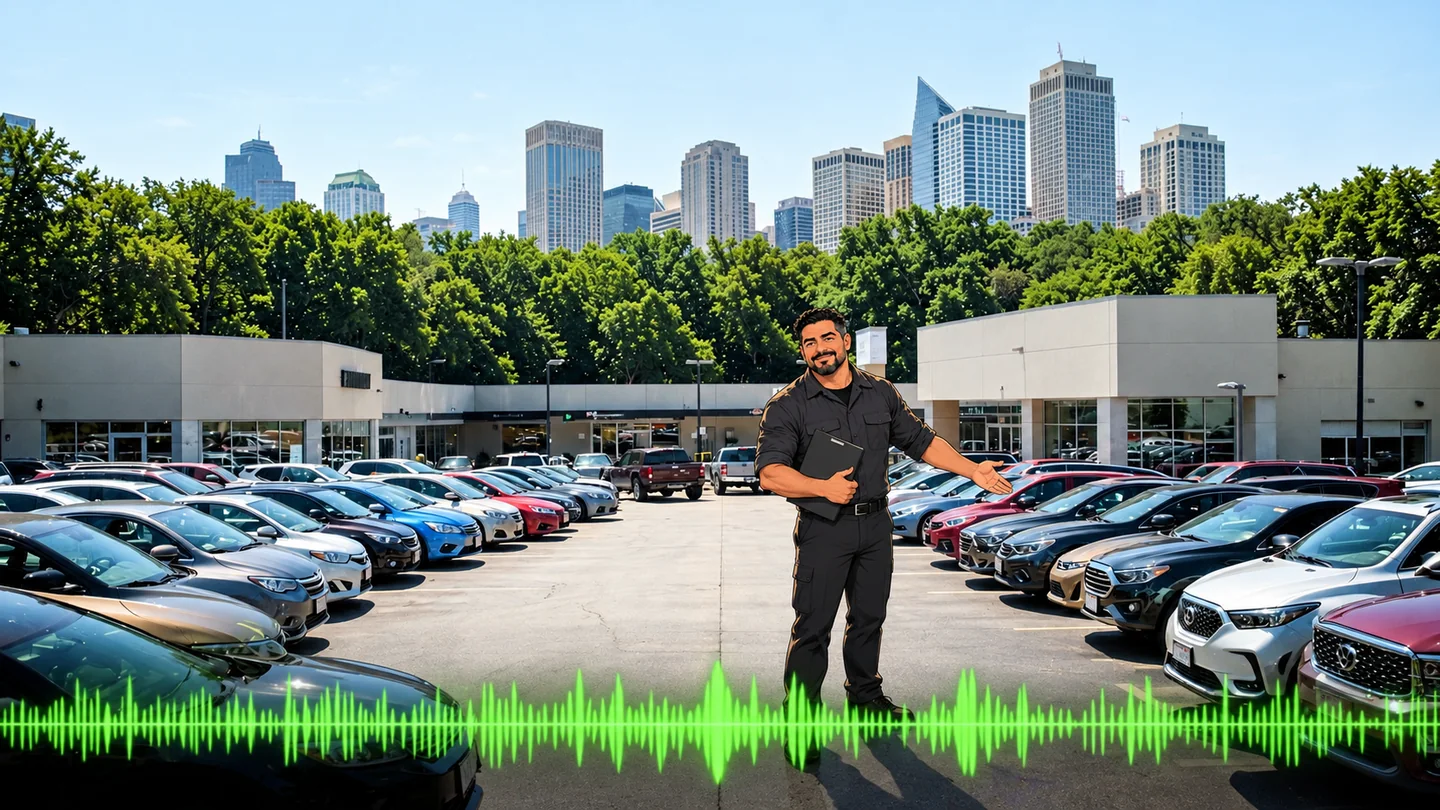 Atlanta car dealership radio advertising with the downtown Atlanta skyline with our anime service manager