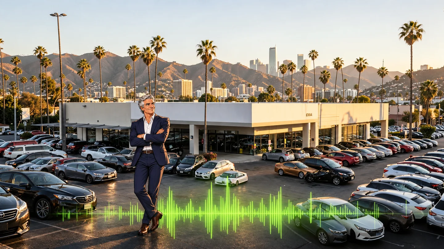 Los Angeles car dealership radio advertising with the Hollywood Hills and downtown skyline with our anime dealership owner