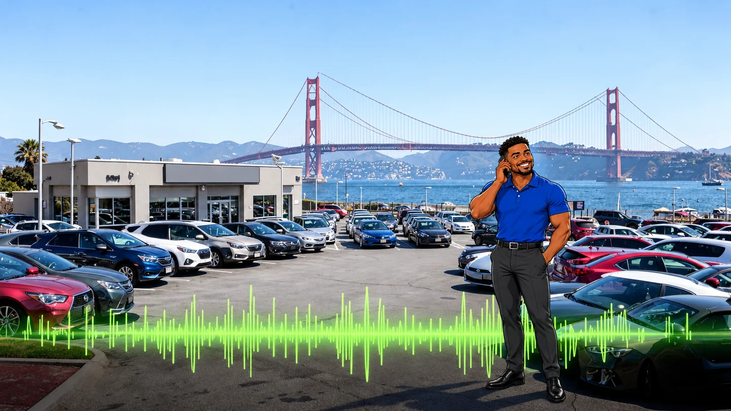 San Francisco car dealership radio advertising with the Golden Gate Bridge in the background with our anime sales manager