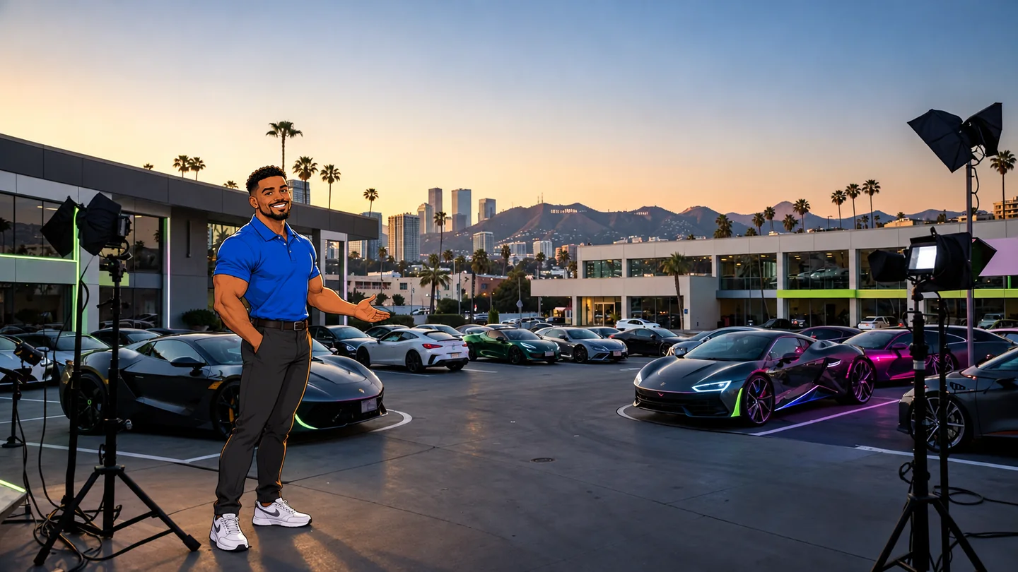 Cinematic car dealership video production scene with Los Angeles landmarks and professional camera equipment with our anime sales manager