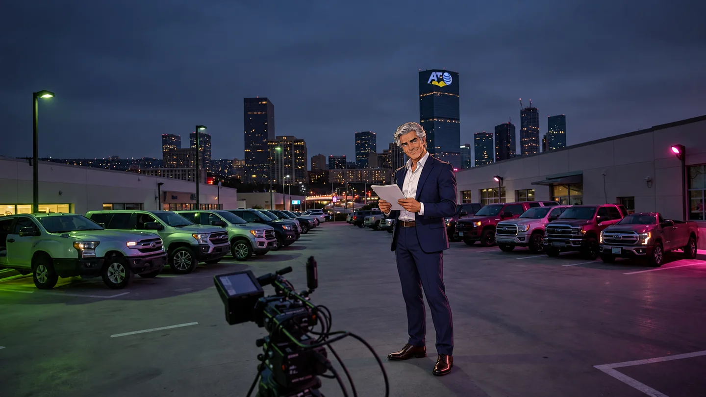 Cinematic car dealership video production scene with Nashville landmarks and professional camera equipment with our anime dealership owner