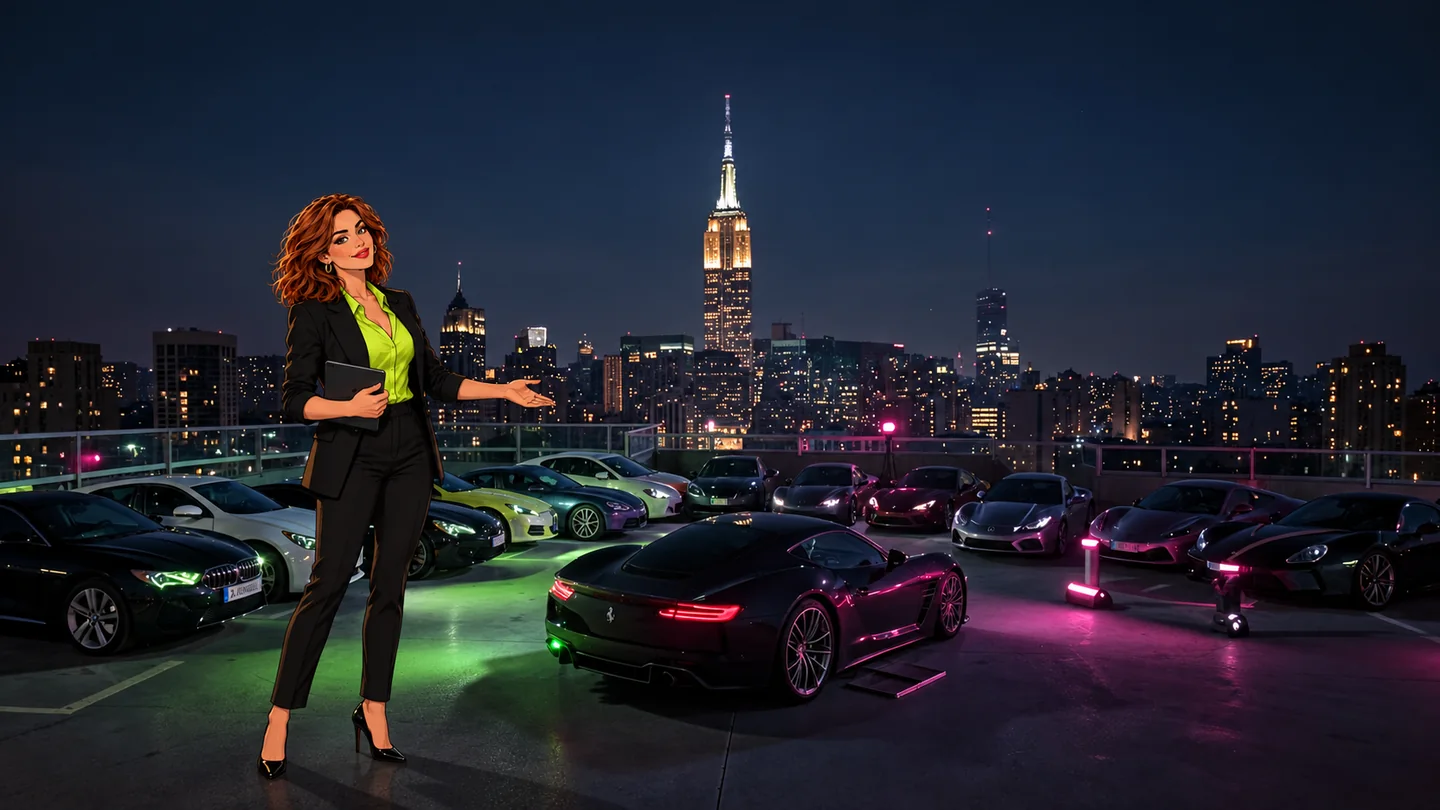 Cinematic car dealership video production scene with New York landmarks and professional camera equipment with our anime marketing manager