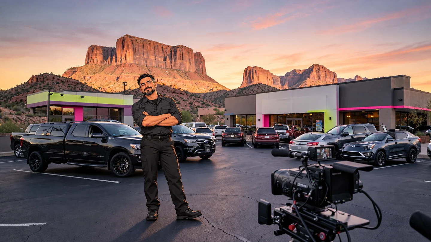Cinematic car dealership video production scene with Phoenix landmarks and professional camera equipment with our anime service manager