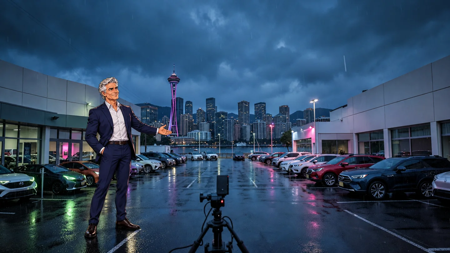 Cinematic car dealership video production scene with Seattle landmarks and professional camera equipment with our anime dealership owner